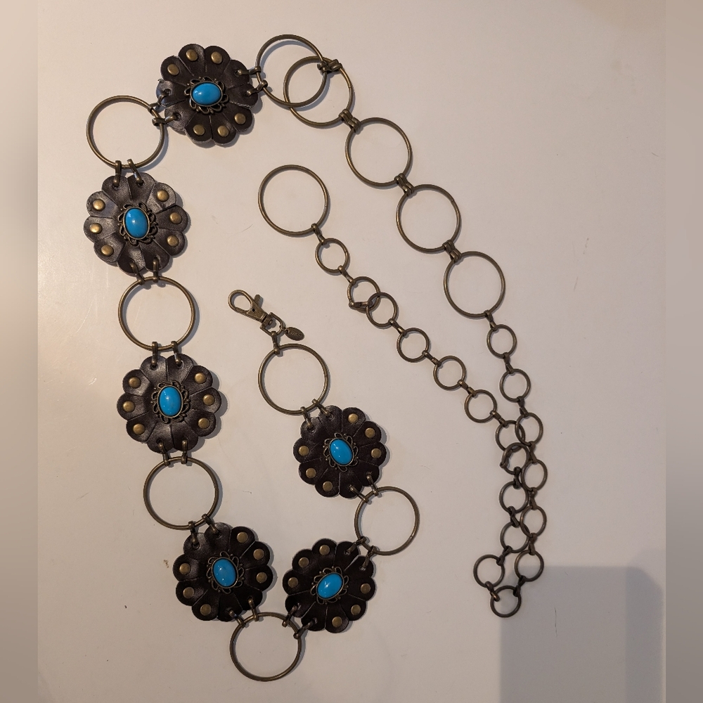 Western Belt Faux Turquoise Chain Belt,‎ leather Flower.